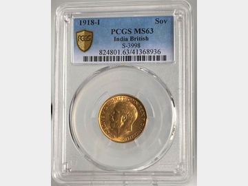 1918 GEORGE V INDIA MINT GOLD SOVEREIGN MS63