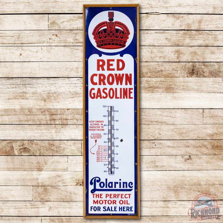 6' Red Crown Gasoline Polarine Motor Oil Porcelain Thermometer TAC 8.75