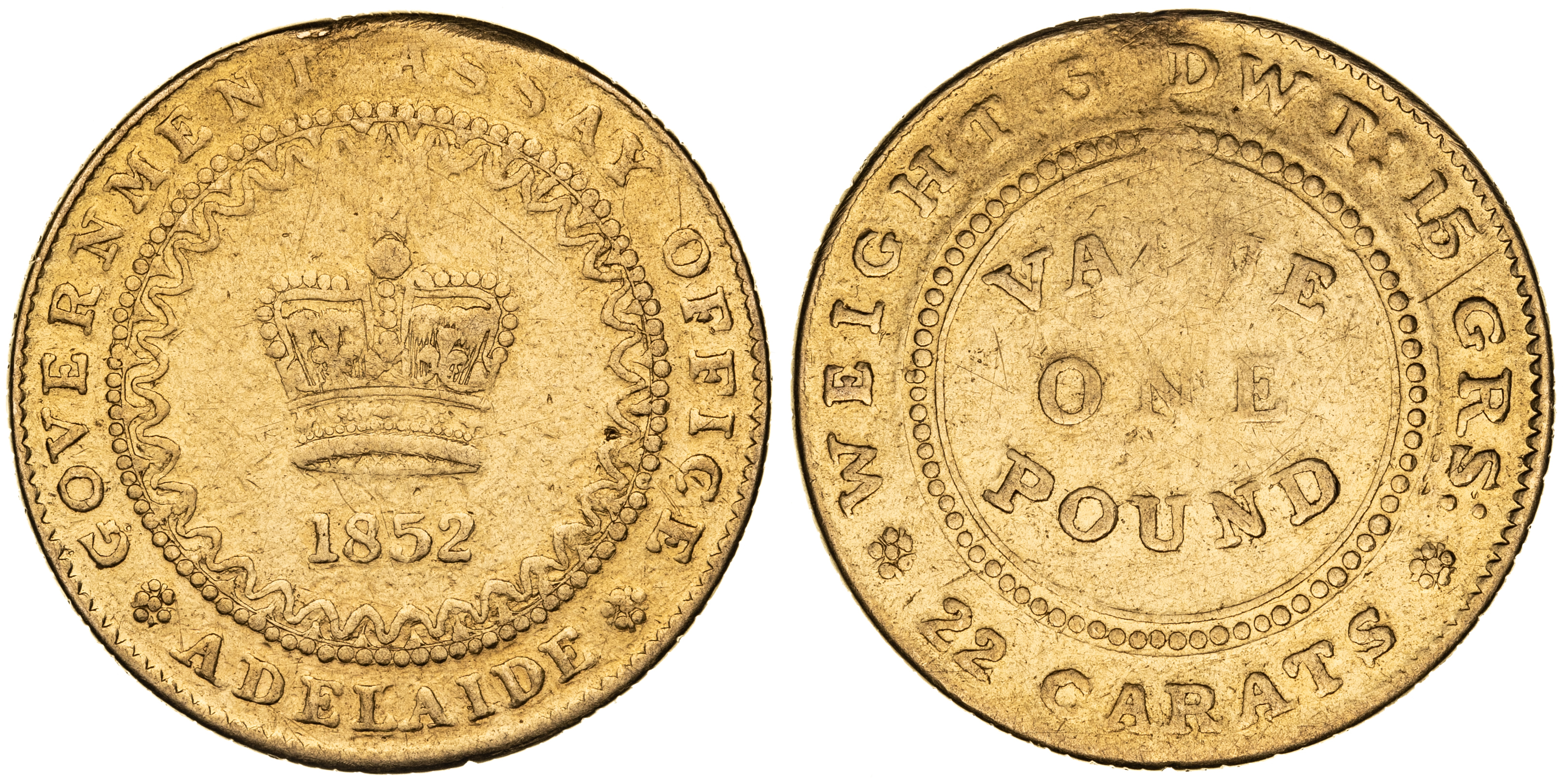 South Australia Assay Office - Type I, Adelaide Pound, 1852, Fine
