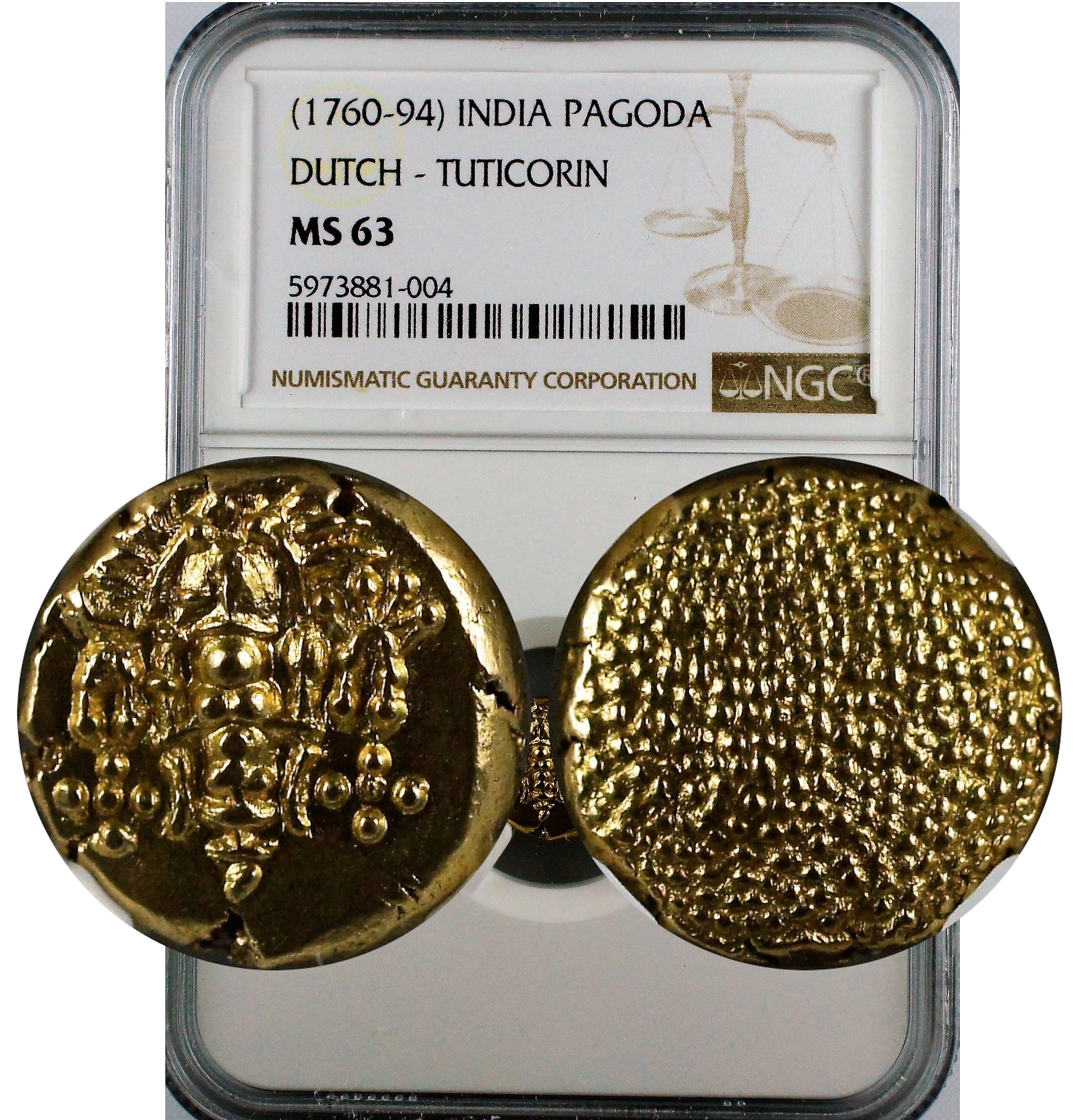 India Dutch Tuticorn 1760-94 Gold Pagoda NGC MS63