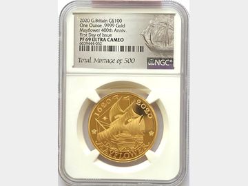 2020 QEII 'MAYFLOWER 400TH ANNIVERSARY' GOLD 1oz PROOF 100 POUND COIN PF69 UCAM FIRST DAY OF ISSUE