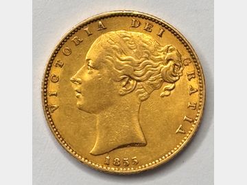 1855 VICTORIA W.W. INCUSE SHIELD GOLD SOVEREIGN