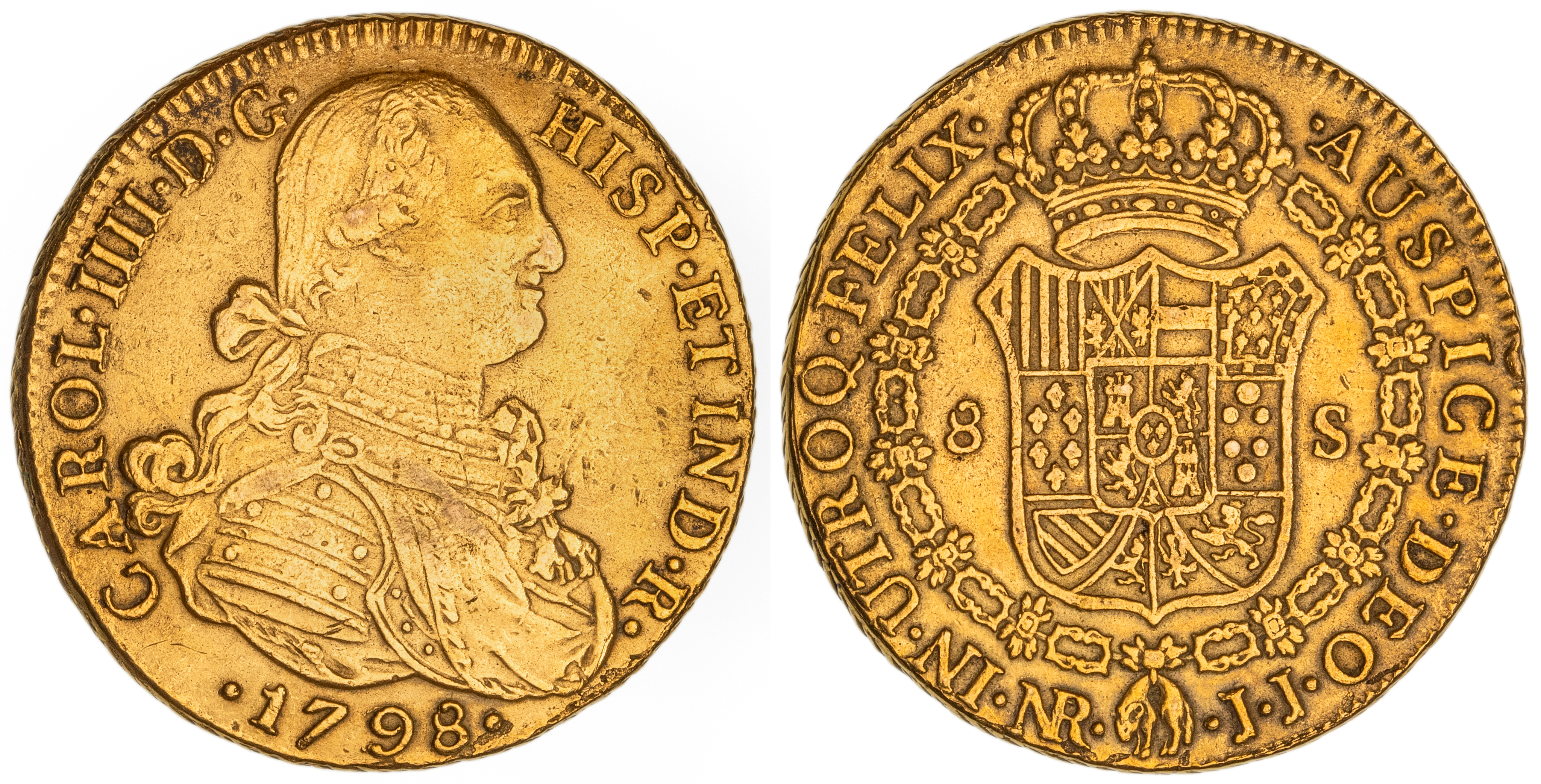 Colombia, Charles IV, Eight Escudos, 1798-JJ, aEF
