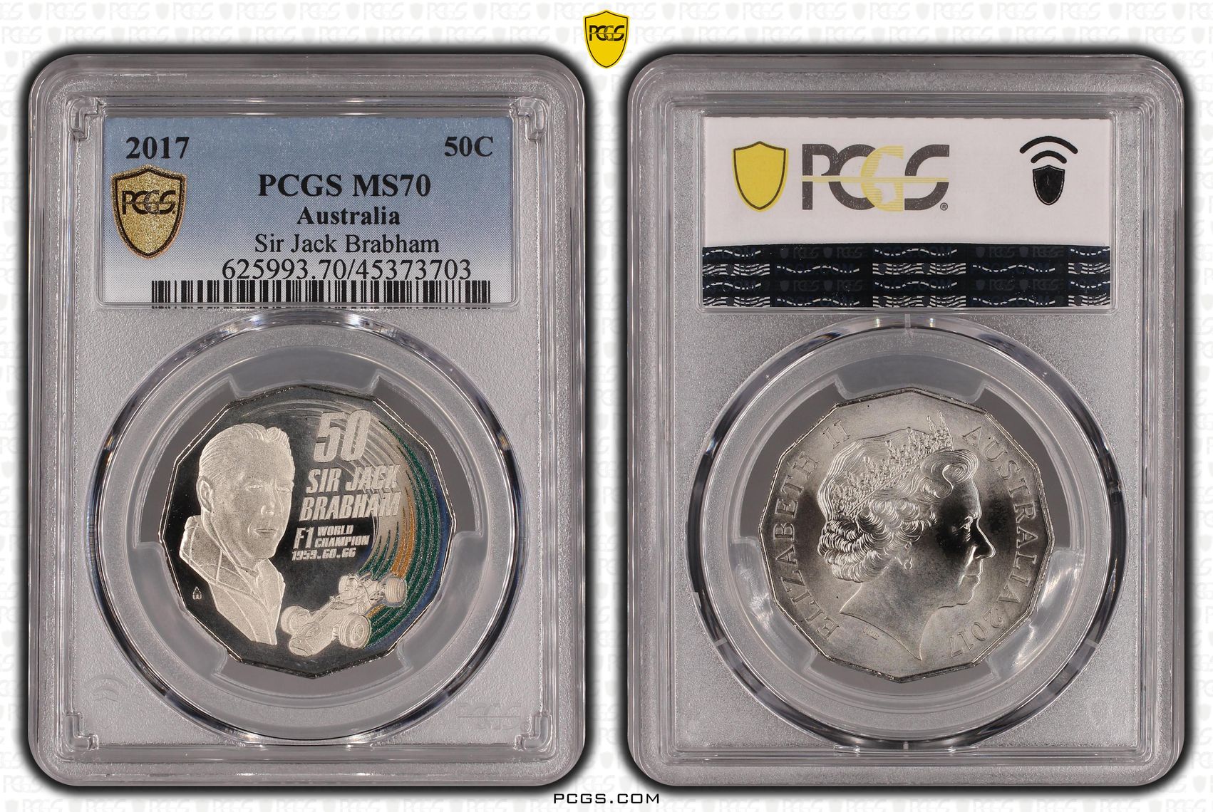 Elizabeth II, Sir Jack Brabham, POP 17/0, Fifty Cent, 2017, PCGS MS70