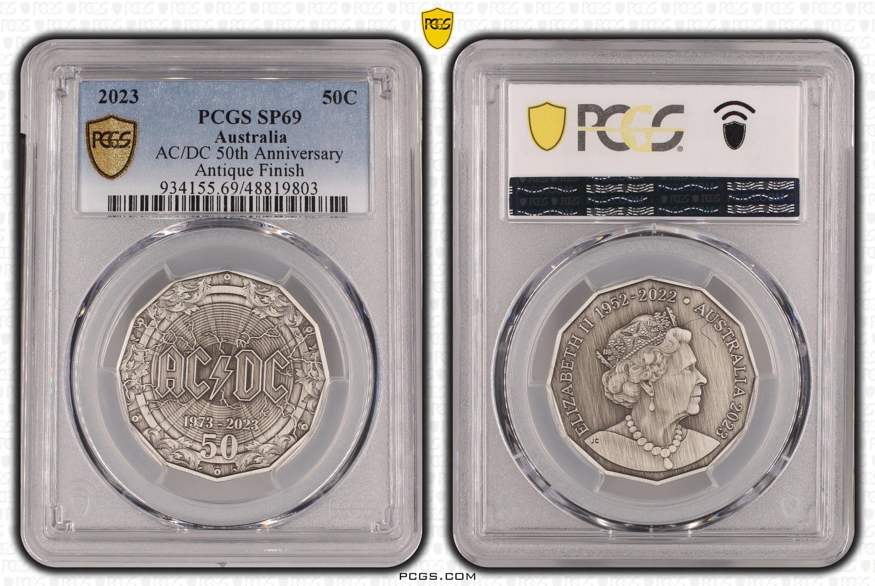 420 · AC/DC 50th Anniversary Antique Finish, Fifty Cent, 2023, PCGS SP69
