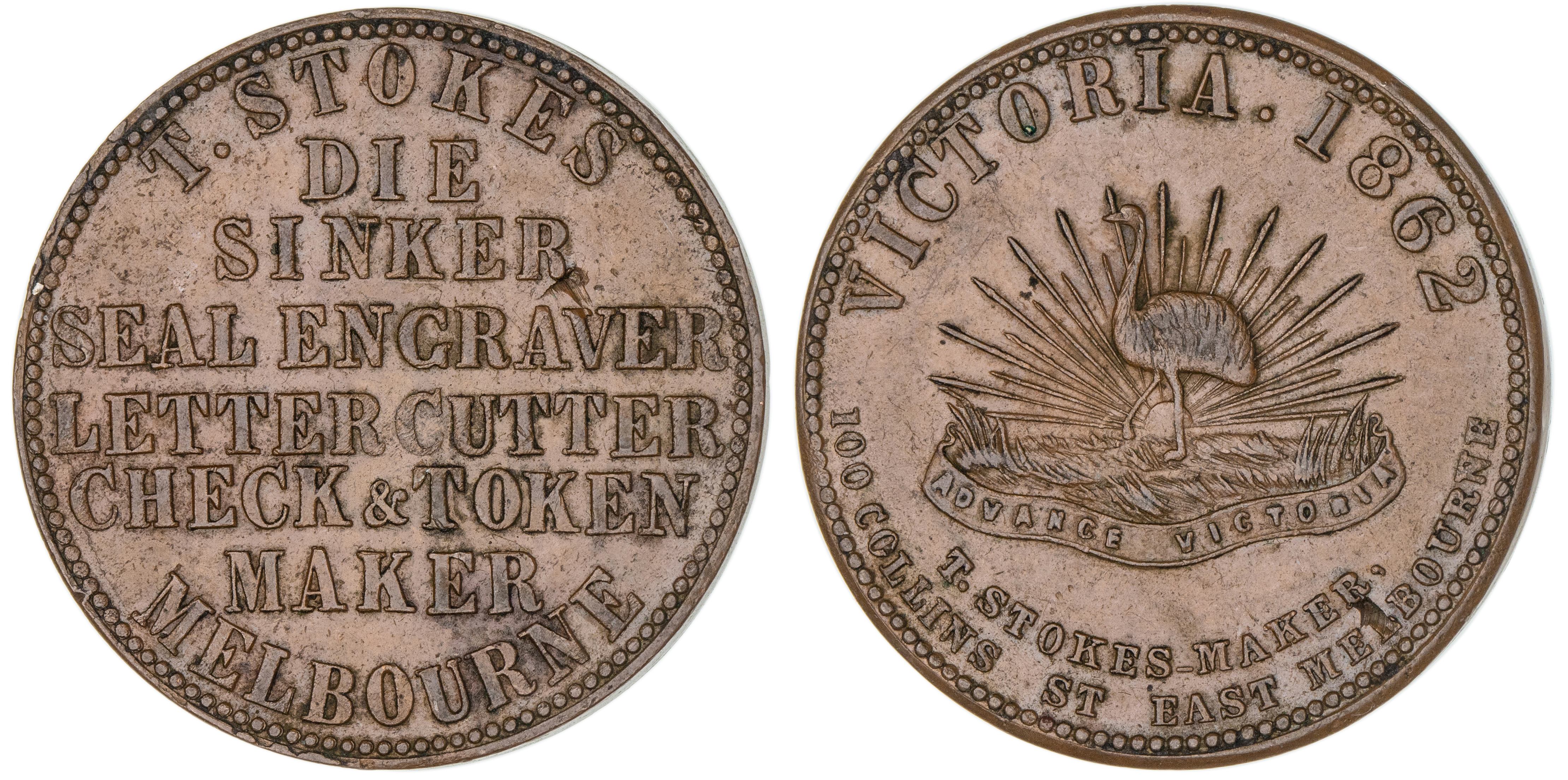 T. Stokes, Melbourne, Vic., Penny, 1862, gVF