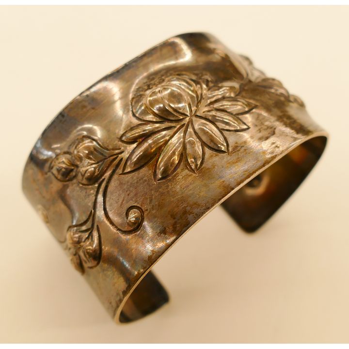 Sterling Hand Chased Lotus Cuff Bracelet- 63g