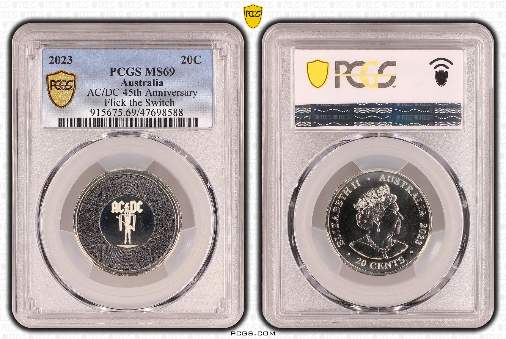 Elizabeth II, AC/DC 45th Anniversary - Flick the Switch, Pop 20/0, Twenty Cent, 2023, PCGS MS69