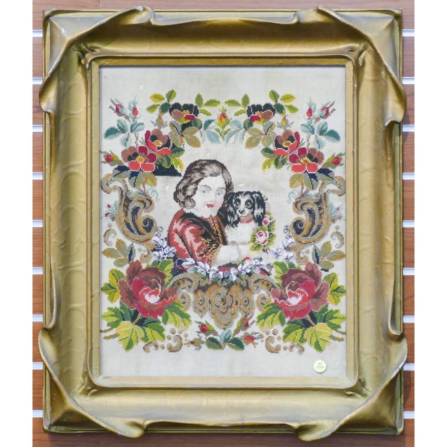 Victorian Child and Dog Needle & Beadwork in Batwing Frame- 27x23'', frame fits 20x16''