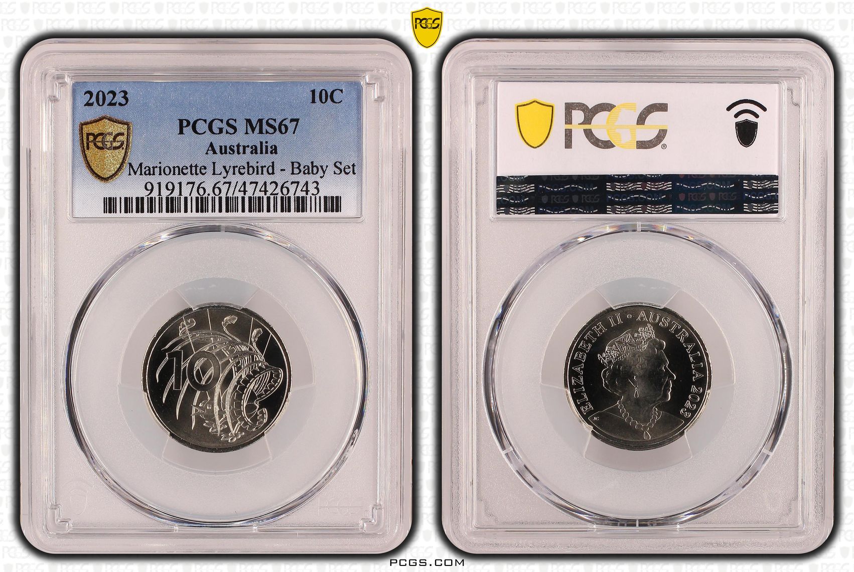 133 · Elizabeth II, Marionette Lyrebird - Baby Set , Ten Cent, 2023, PCGS MS67