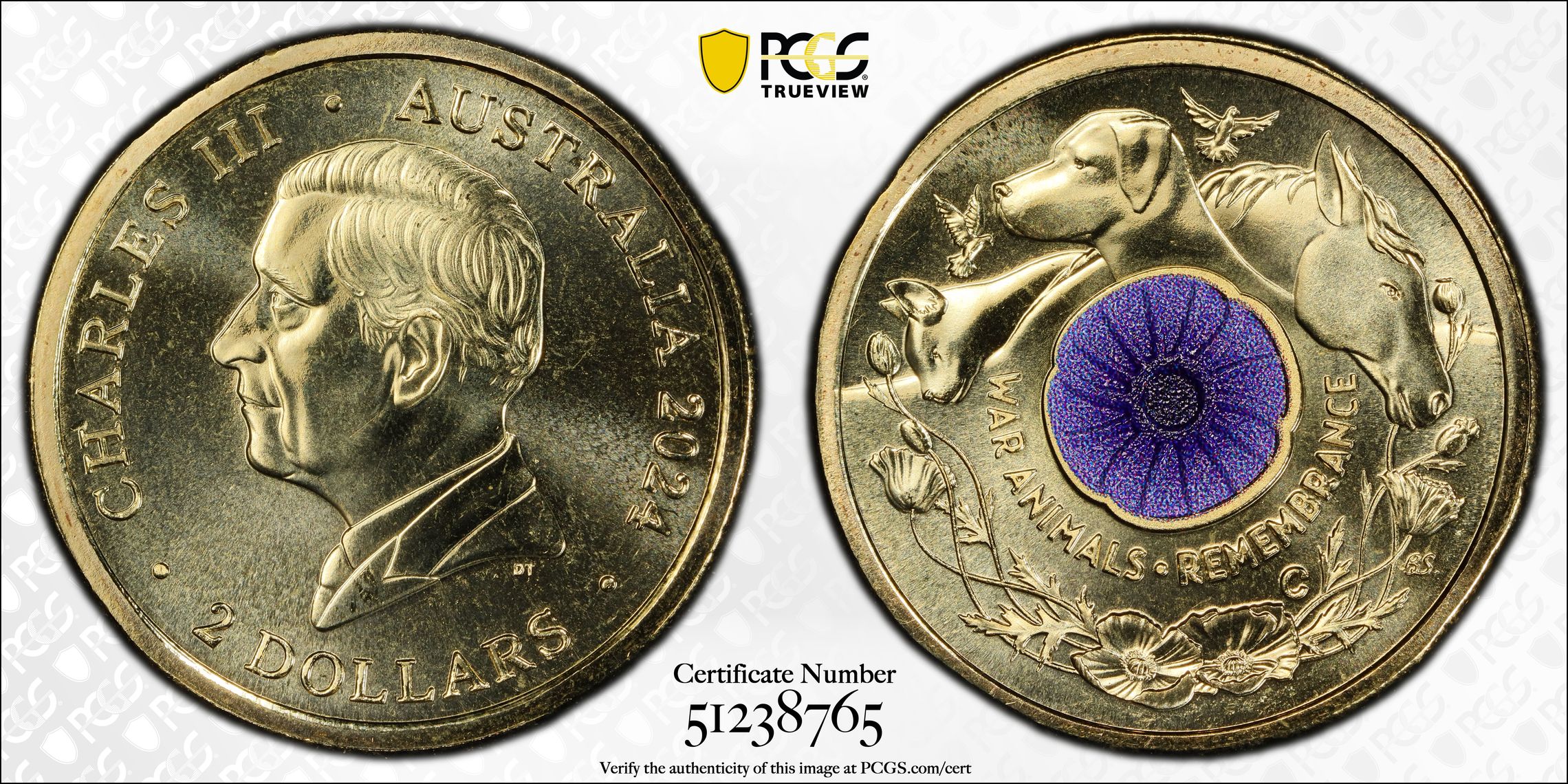 War Animal Remembrance Colourised, Two Dollar, 2024-C, PCGS MS69
