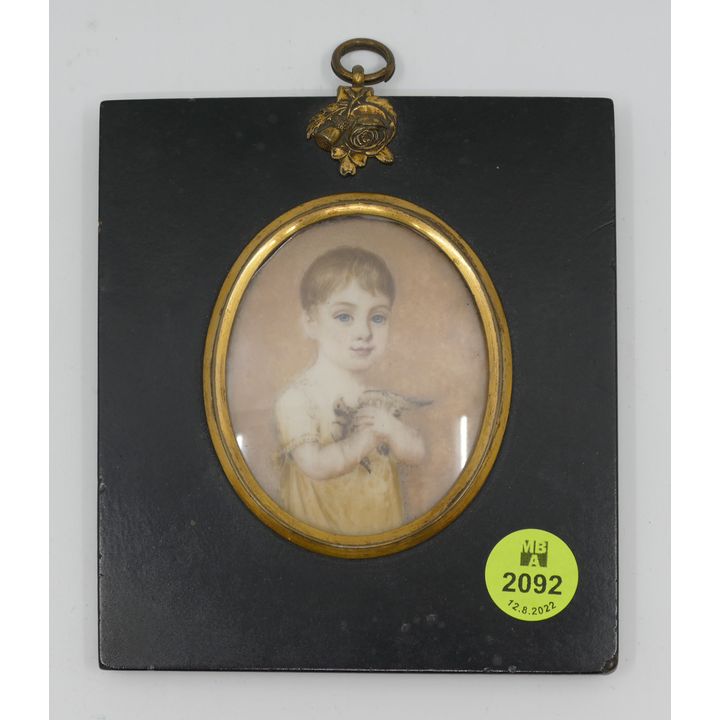 Antique English Child Holding Dove Painted Miniature Framed 5''x4.25''