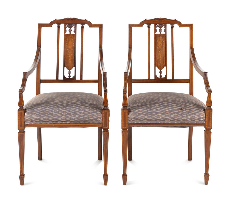 A Pair of Edwardian Mahogany and Marquetry Armchairs