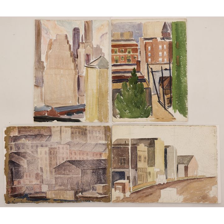4pc Albert Runquist WPA City Scene Watercolors on Paper 15''x11''