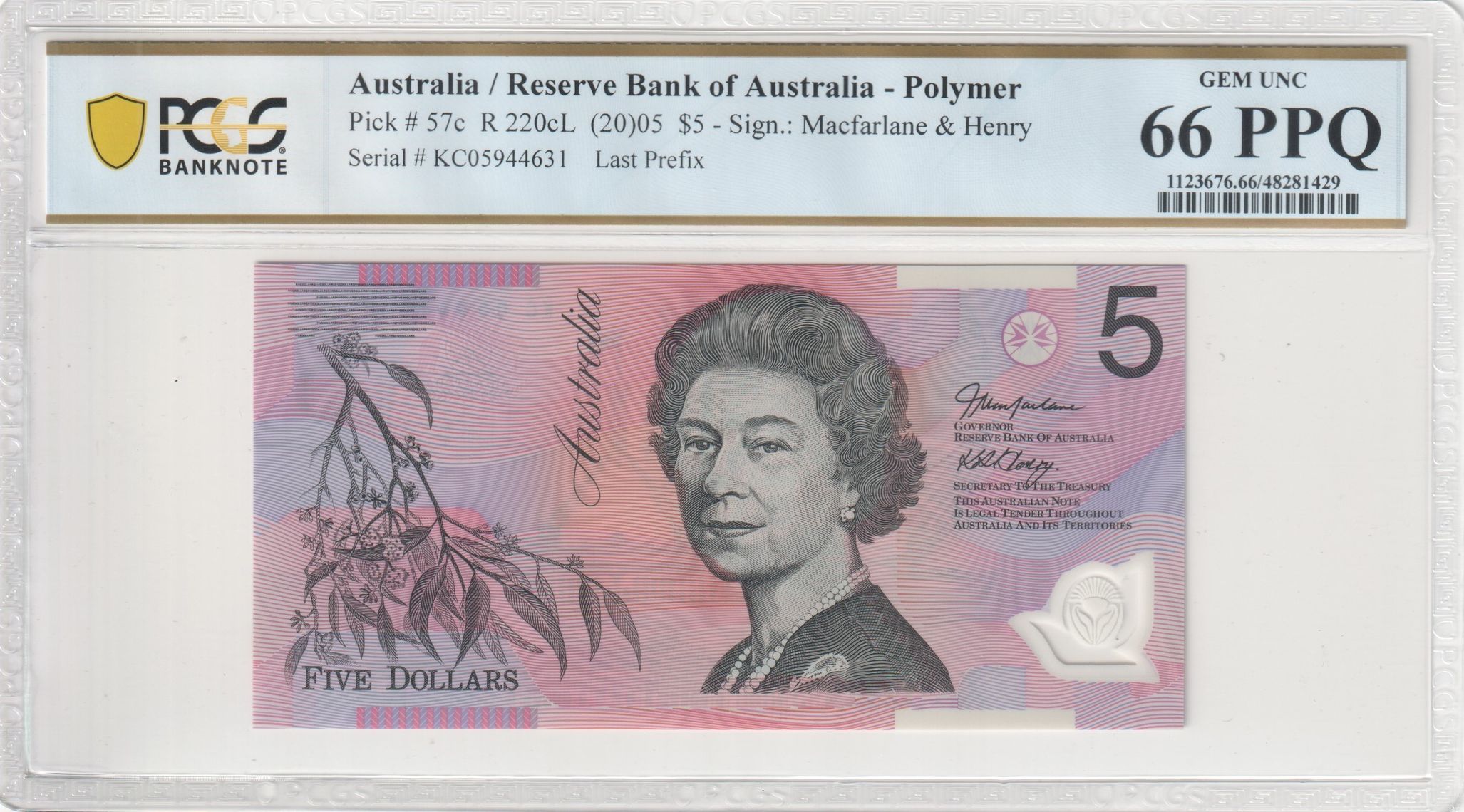 Macfarlane/Henry, Last Prefix, Five Dollar, 2005, PCGS Gem UNC 66 PPQ