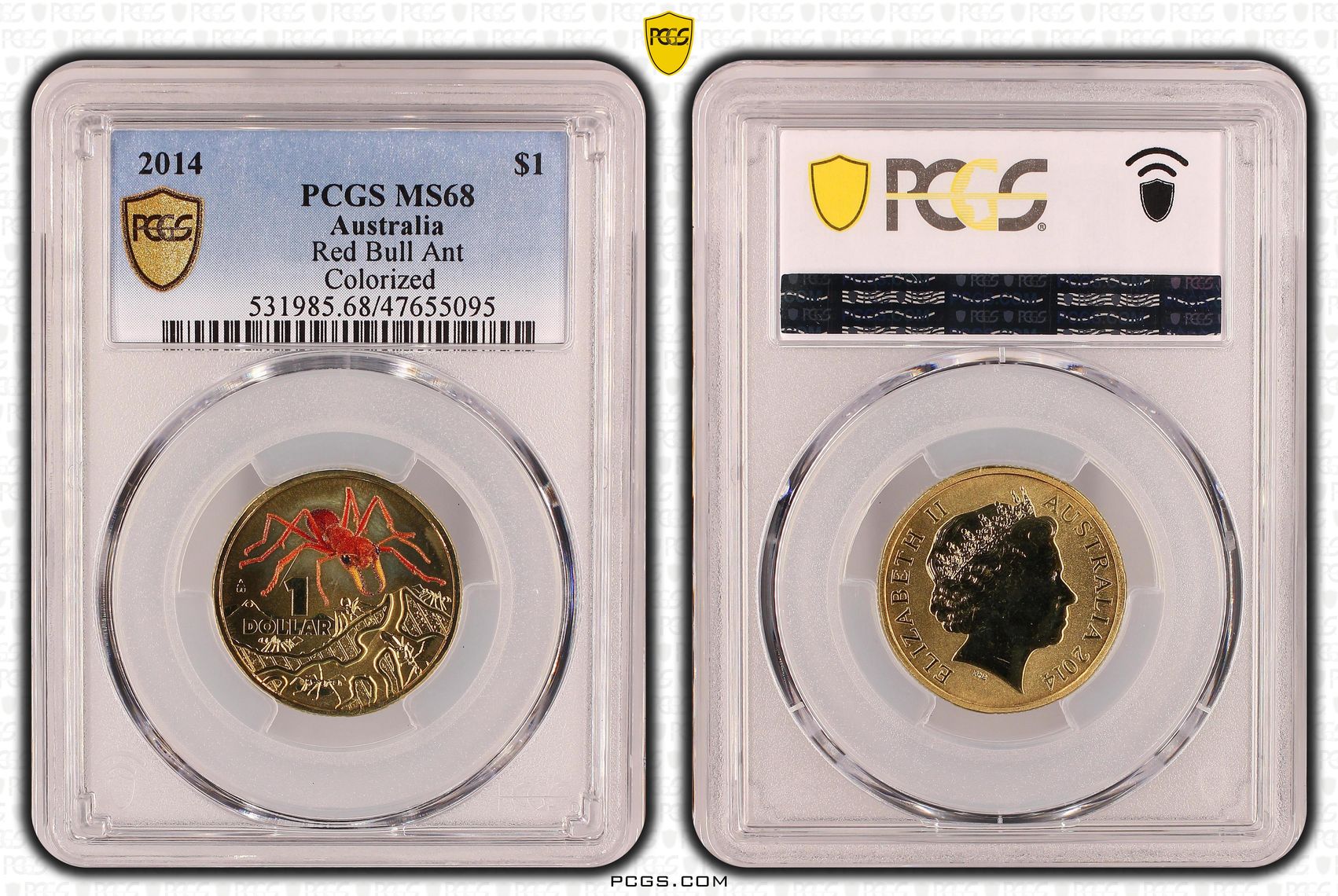 370 · Elizabeth II, Red Bull Ant Colorized, One Dollar, 2014, PCGS MS68