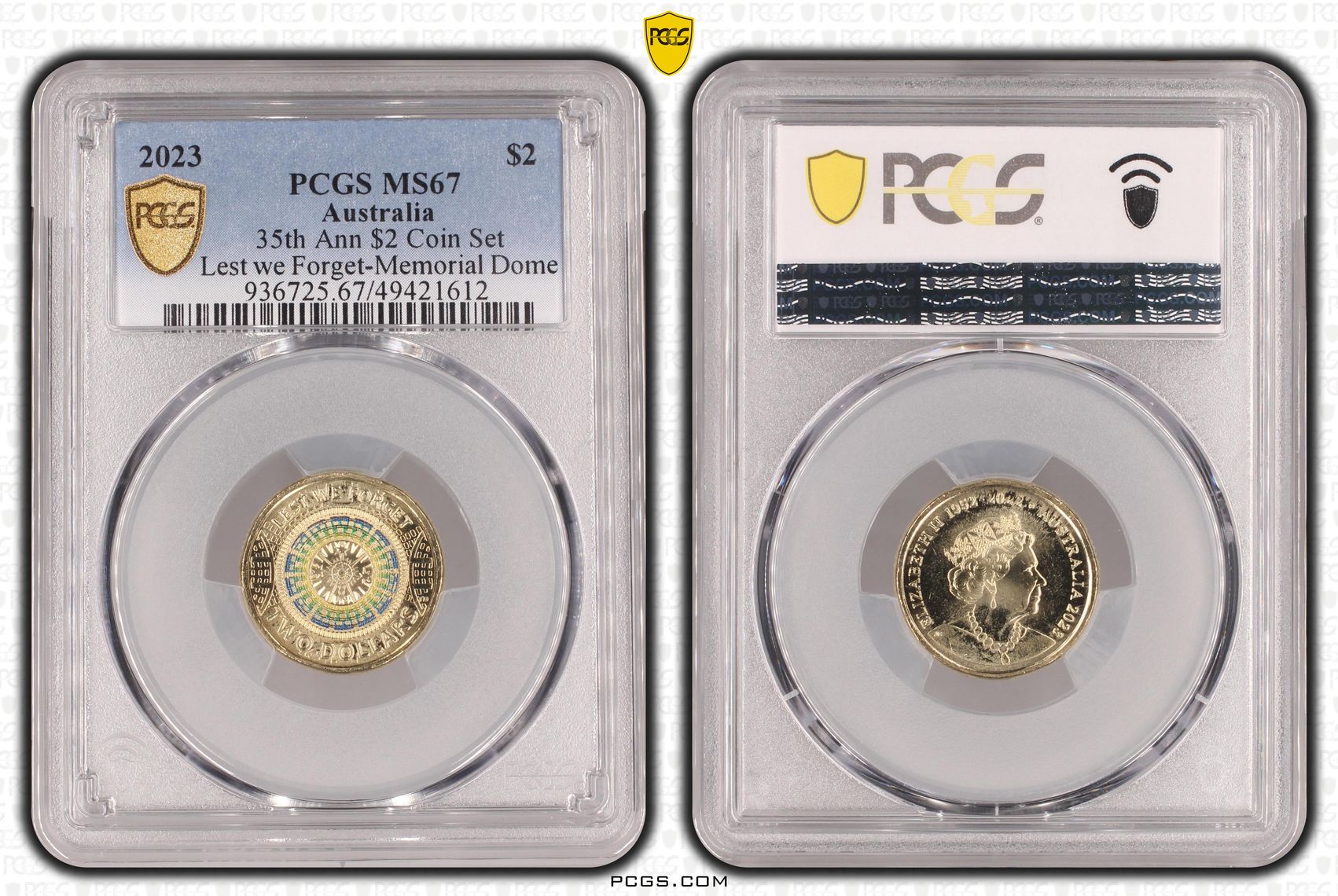 35th Ann $2 Coin Set Colorized Lest we Forget-Memorial Dome, Two Dollar, 2023, PCGS MS67