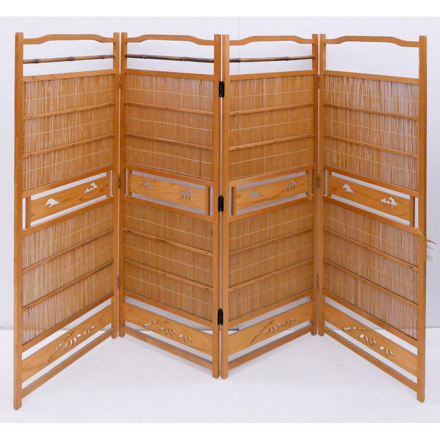 Meiji Japanese 4 Panel Light Wood & Bamboo Screen- 47x72''