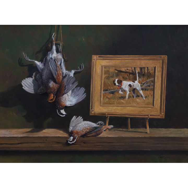 Ken Carlson (1937- ), Still Life Quail and Pointer