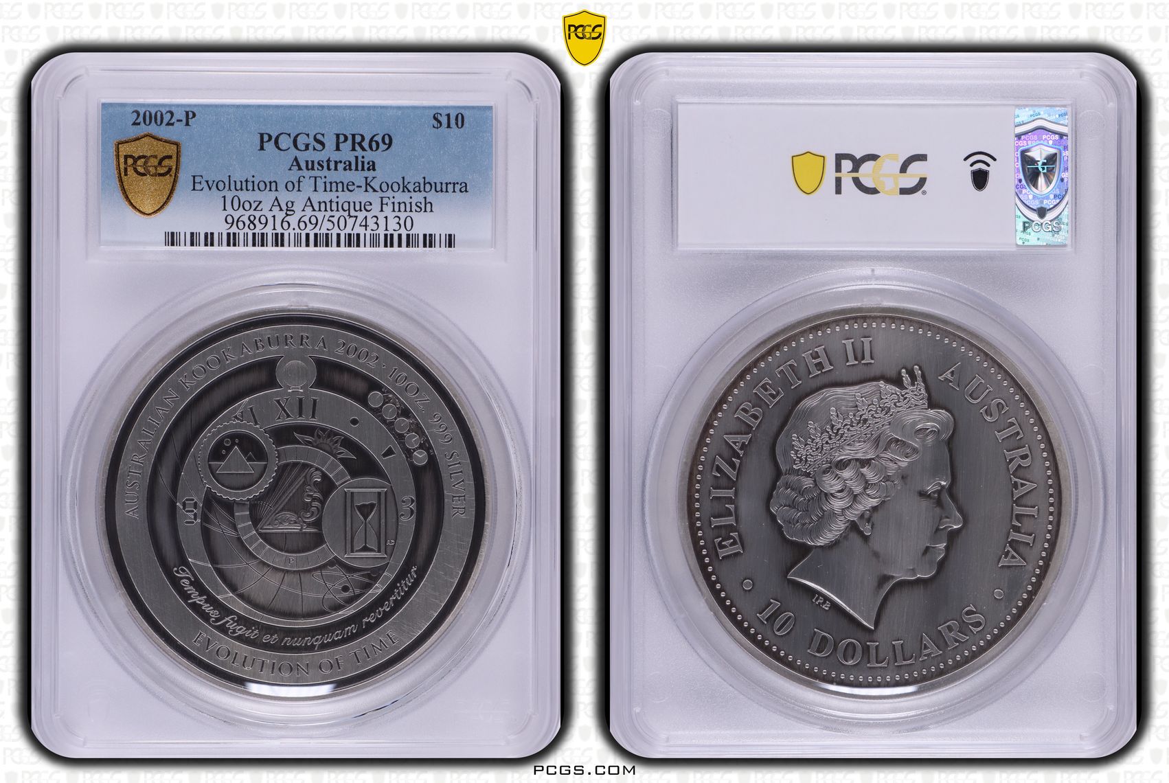 Evolution of Time-Kookaburra 10oz Ag Antique Finish POP 1/0, Ten Dollar, 2002-P, PCGS PR69