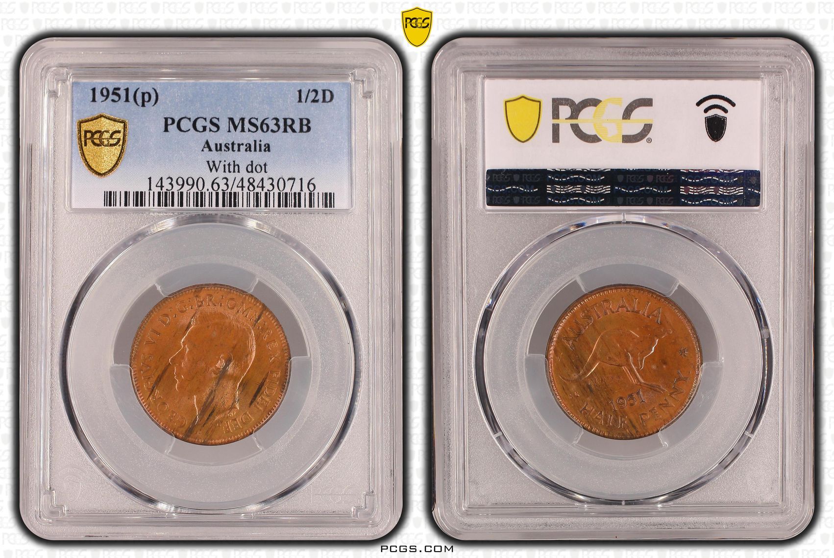 George VI, With dot, Halfpenny, 1951(p), PCGS MS63RB