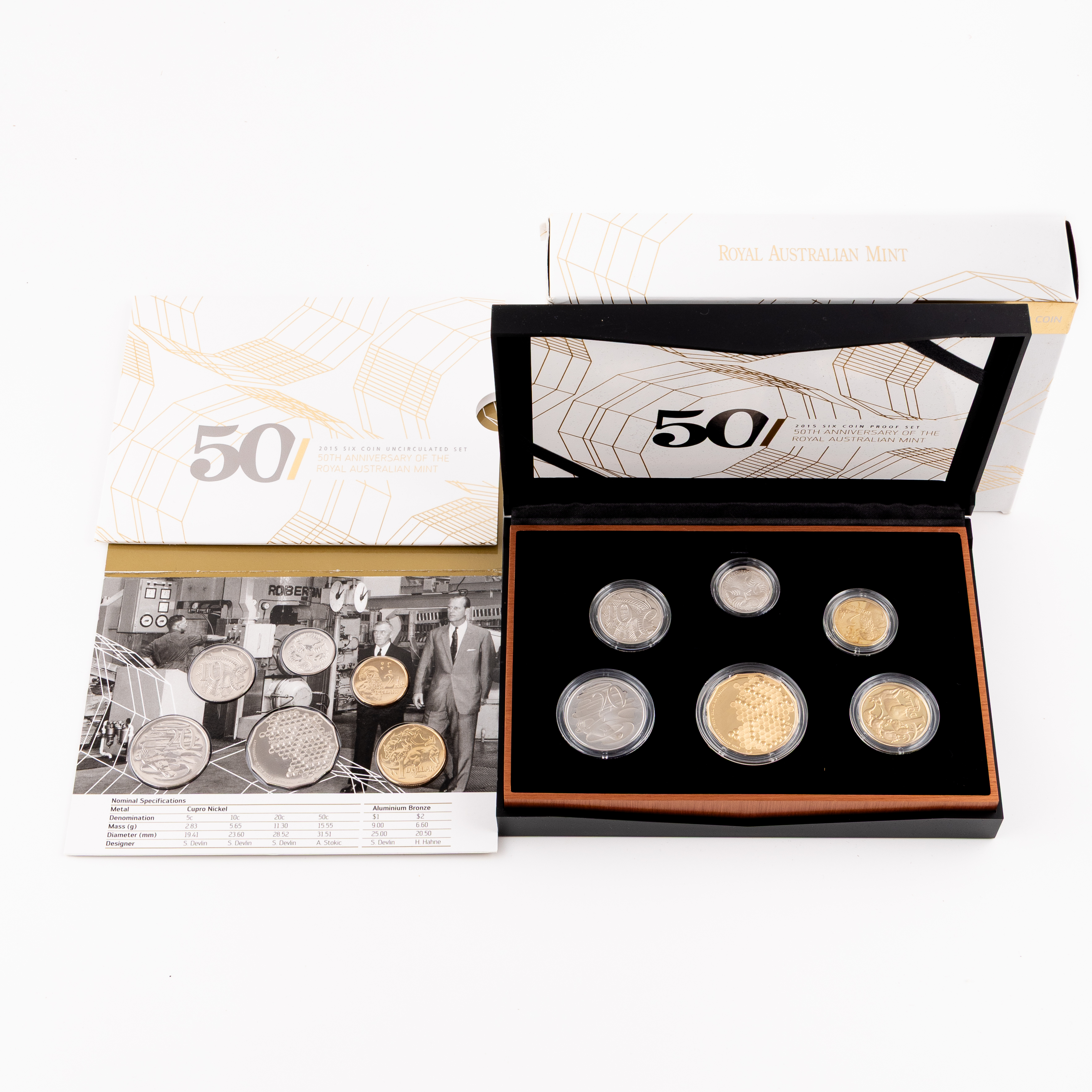 Elizabeth II, 50th Anniversary of the Royal Australian Mint, Five Cents - Two Dollars, 2015, FDC