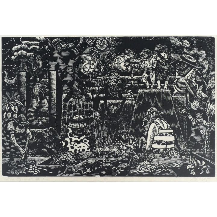 Jack McLarty ''Long Dogs in the Fountain'' Woodcut