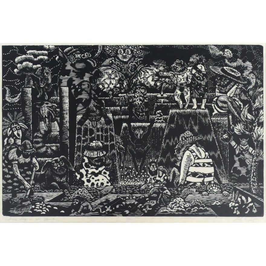 Jack McLarty ''Long Dogs in the Fountain'' Woodcut