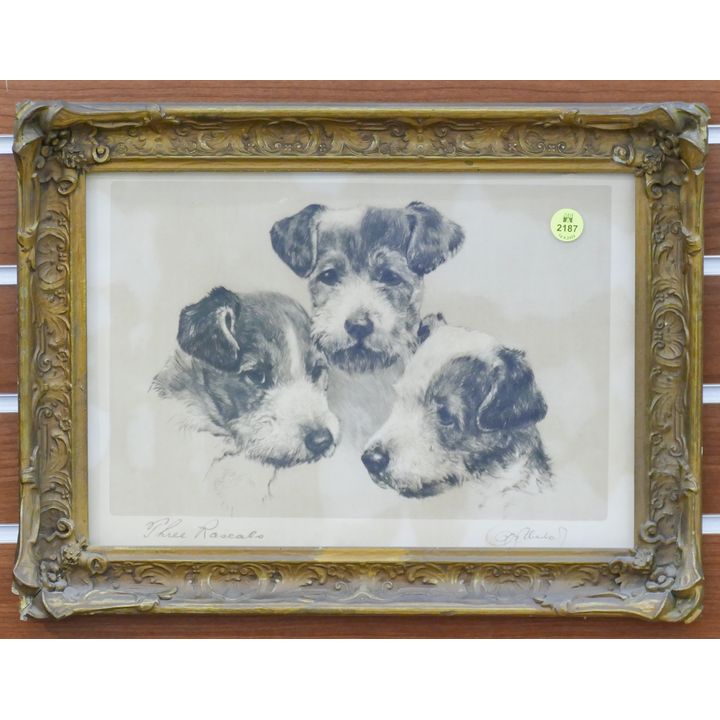Vintage 'Three Rascals' Dog Print in Ornate Frame- 12x16''