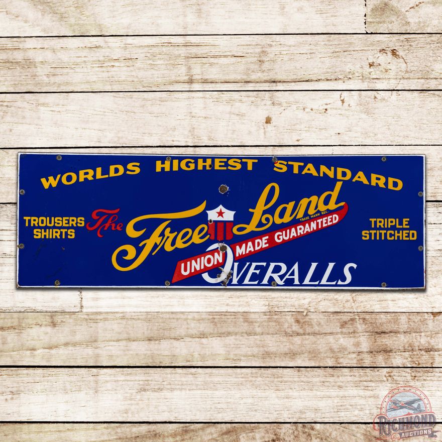 Free Land Union Made Overalls Single Sided Porcelain Sign w/ Logo