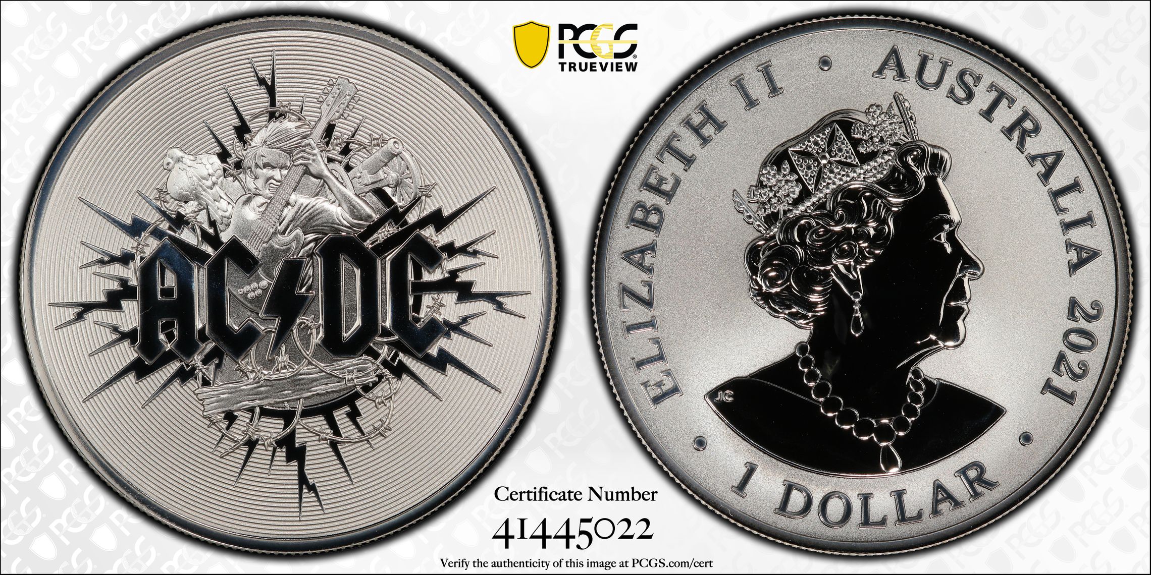 481 · AC/DC - Frosted Uncirculated, One Dollar, 2021, PCGS MS69