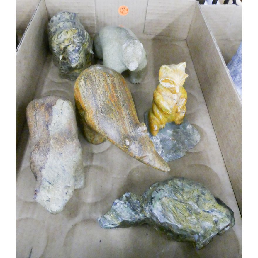 Box 6pc Inuit Stone Animal Carvings - Bears, Muskox, etc.