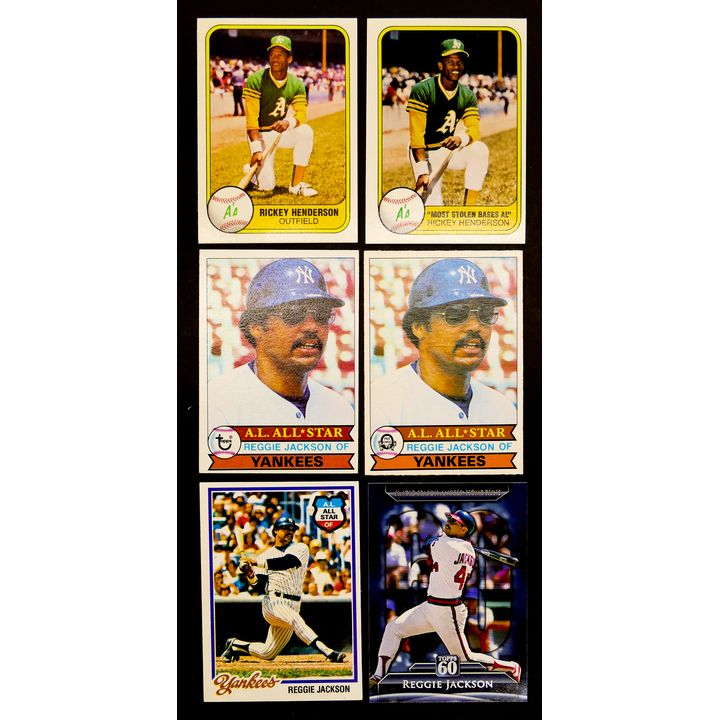 6pc Rickey Henderson and Reggie Jackson Baseball Cards.