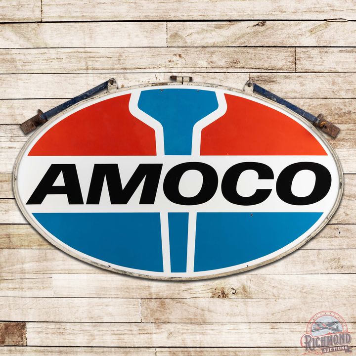 Superb Amoco Gasoline 6' Double Sided Porcelain ID Sign w/ Ring