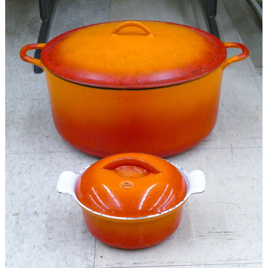2pc Mid Century Orange Enameled Cookware 8'' to 15''