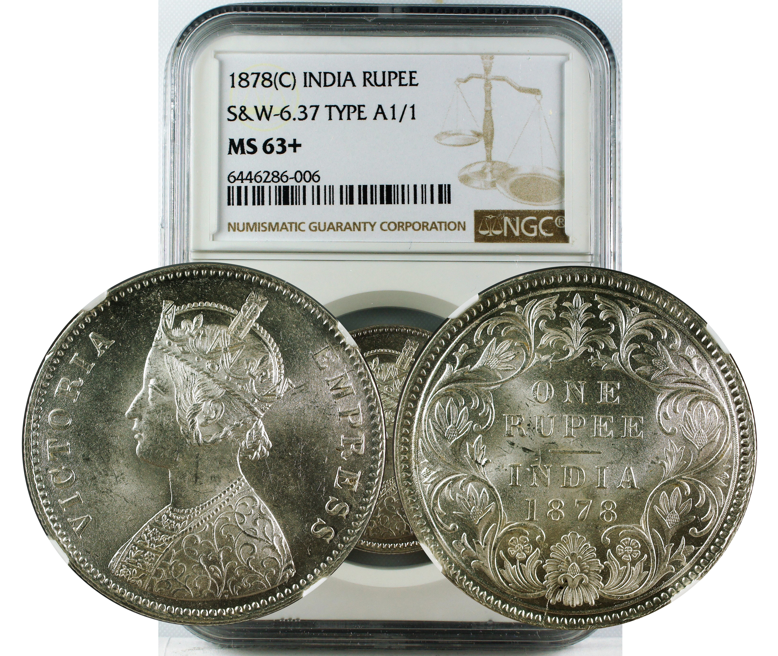 1878 C INDIA RUPEE S&W 6.37 TYPE A1/1 MS63+