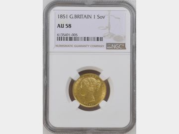 1851 VICTORIA YOUNG HEAD LONDON HEAD SHIELD GOLD SOVEREIGN AU58