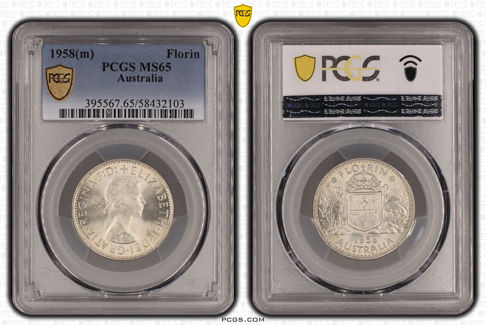 315 · KM-60 Silver, Florin, 1958(m), PCGS MS65