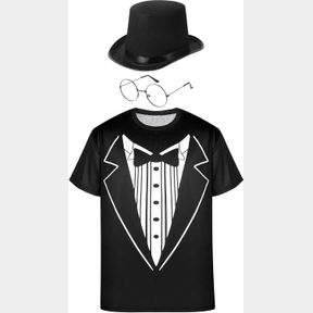 TUXEDO WHITE FUNNY MEN'S T SHIRT CLASSIC PARTY HUMOR VINTAGE SHIRT WITH HATS BLACK TOP HAT AND METAL FRAME GLASSES