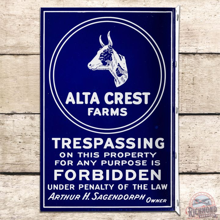 NOS Alta Crest Farms Trespassing Forbidden DS Porcelain Flange Sign w/ Bull