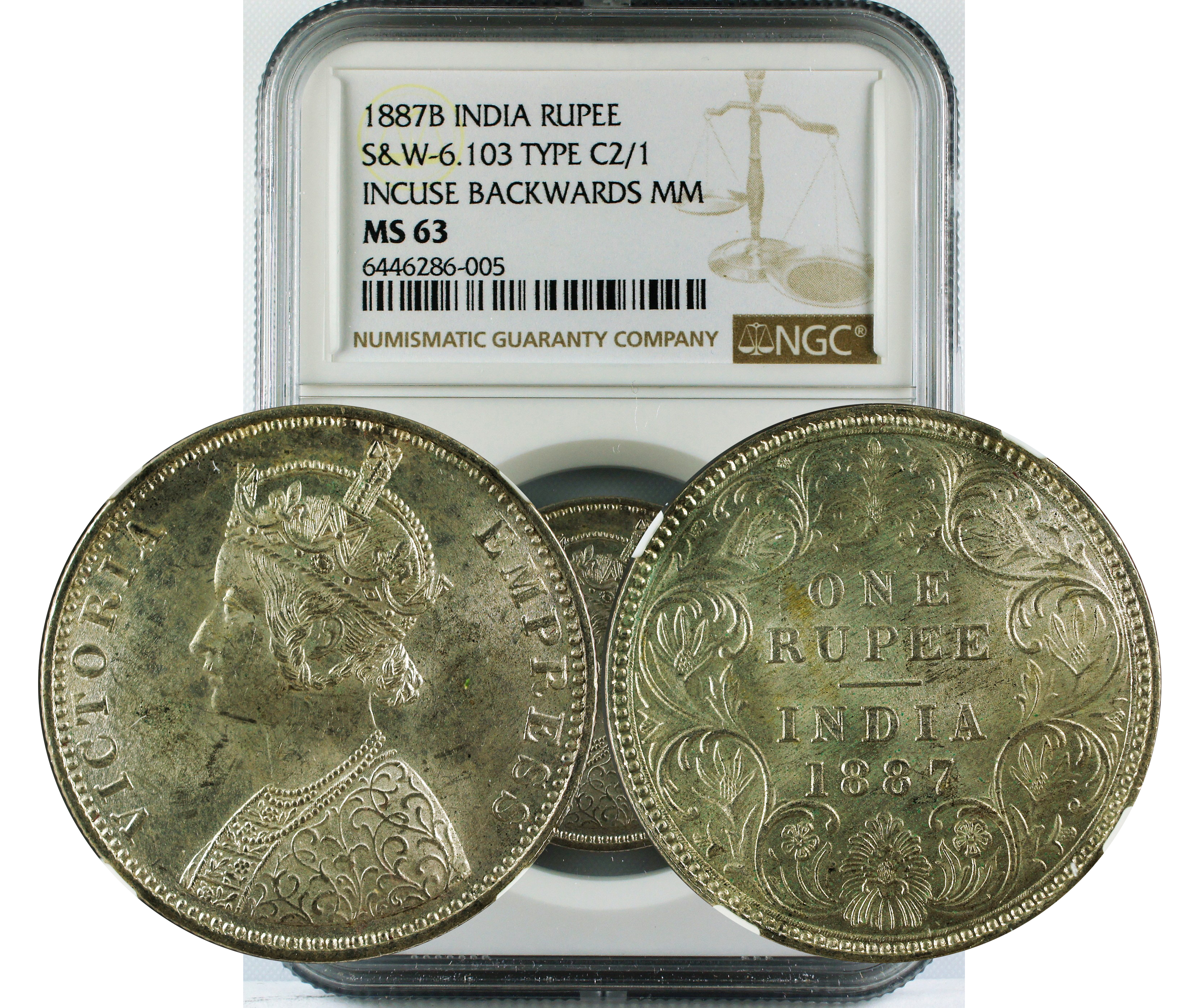 1887 B INDIA RUPEE S&W 6.103 TYPE C2/1 INCUSE BACKWARDS MM MS63