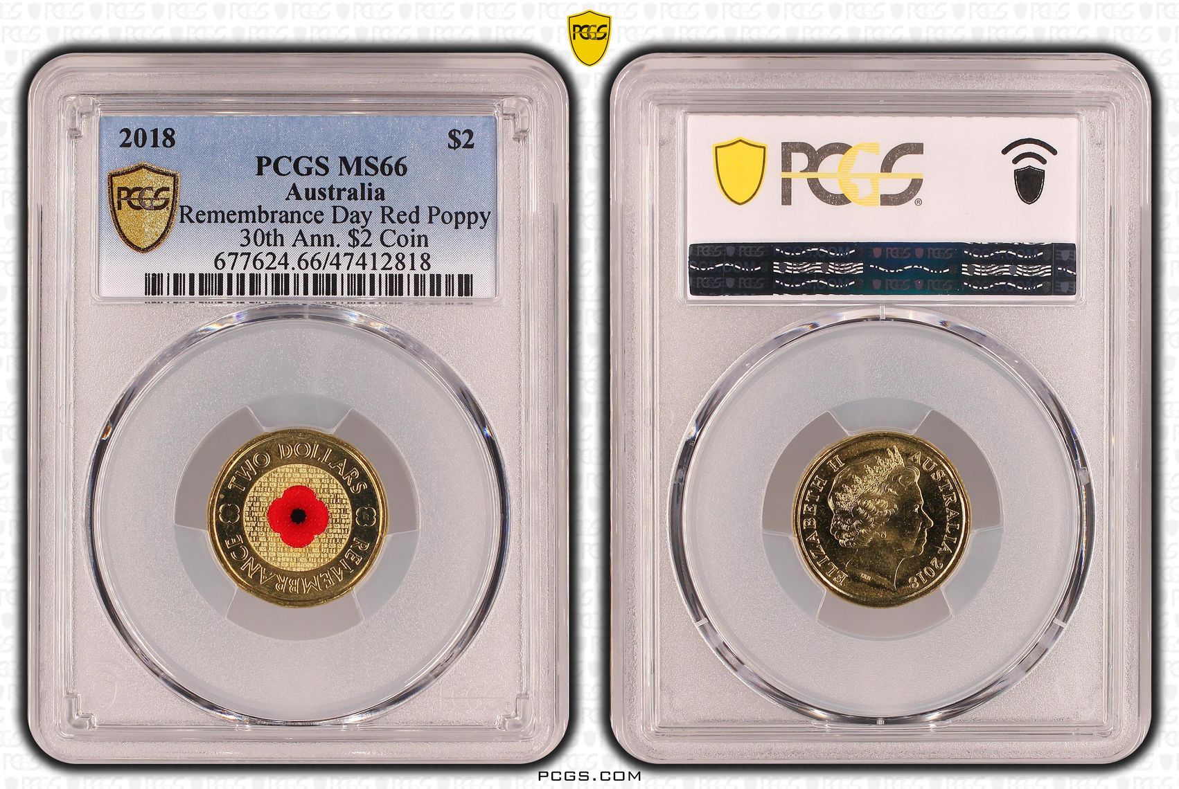 475 · Elizabeth II, Remembrance Day Red Poppy 30th Ann. $2 Coin Colorized , Two Dollar, 2018, PCGS MS66
