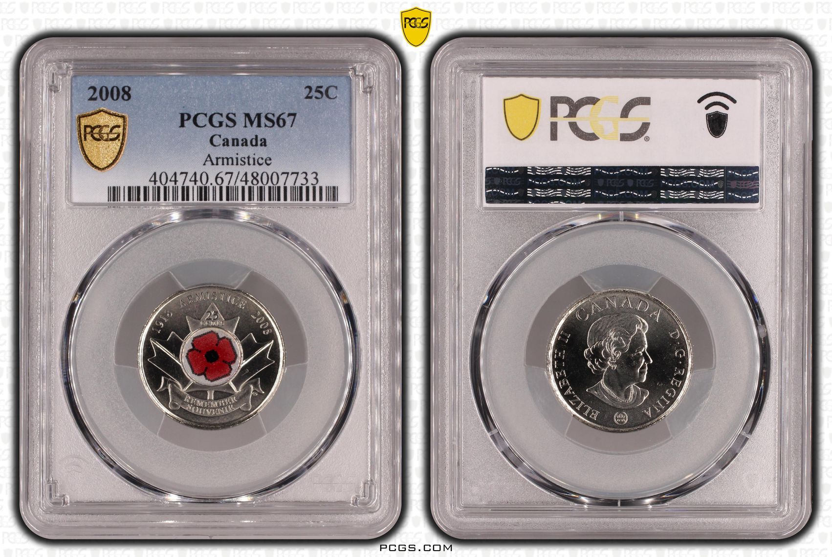 Elizabeth II, Canada, Armistice (Poppy) , Twenty Five Cent, 2008, PCGS MS67