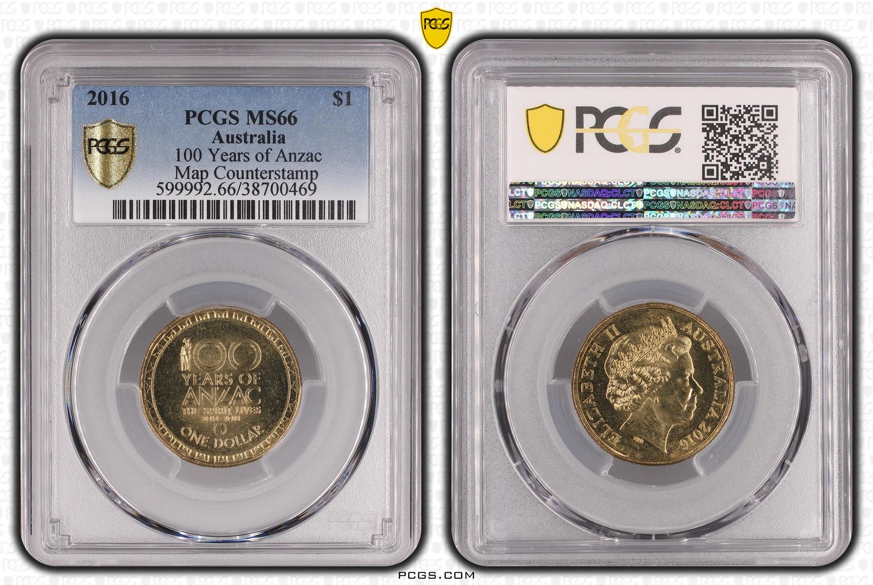 434 · 100 Years of Anzac Map Counterstamp, One Dollar, 2016, PCGS MS66