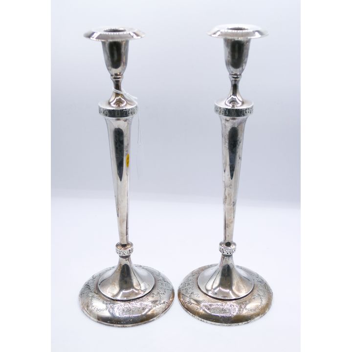 Pair Lebolt Engraved Sterling Tall Candlesticks 15'' - 1,708 Grams TW