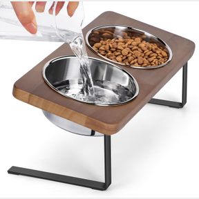 ELEVATED CAT BOWLS, 15 TILTED RAISED CAT FOOD BOWLS WOOD PET BOWLS WITH STAND ANTI VOMITING 2 STAINLESS STEEL BOWLS FOR CATS AND P