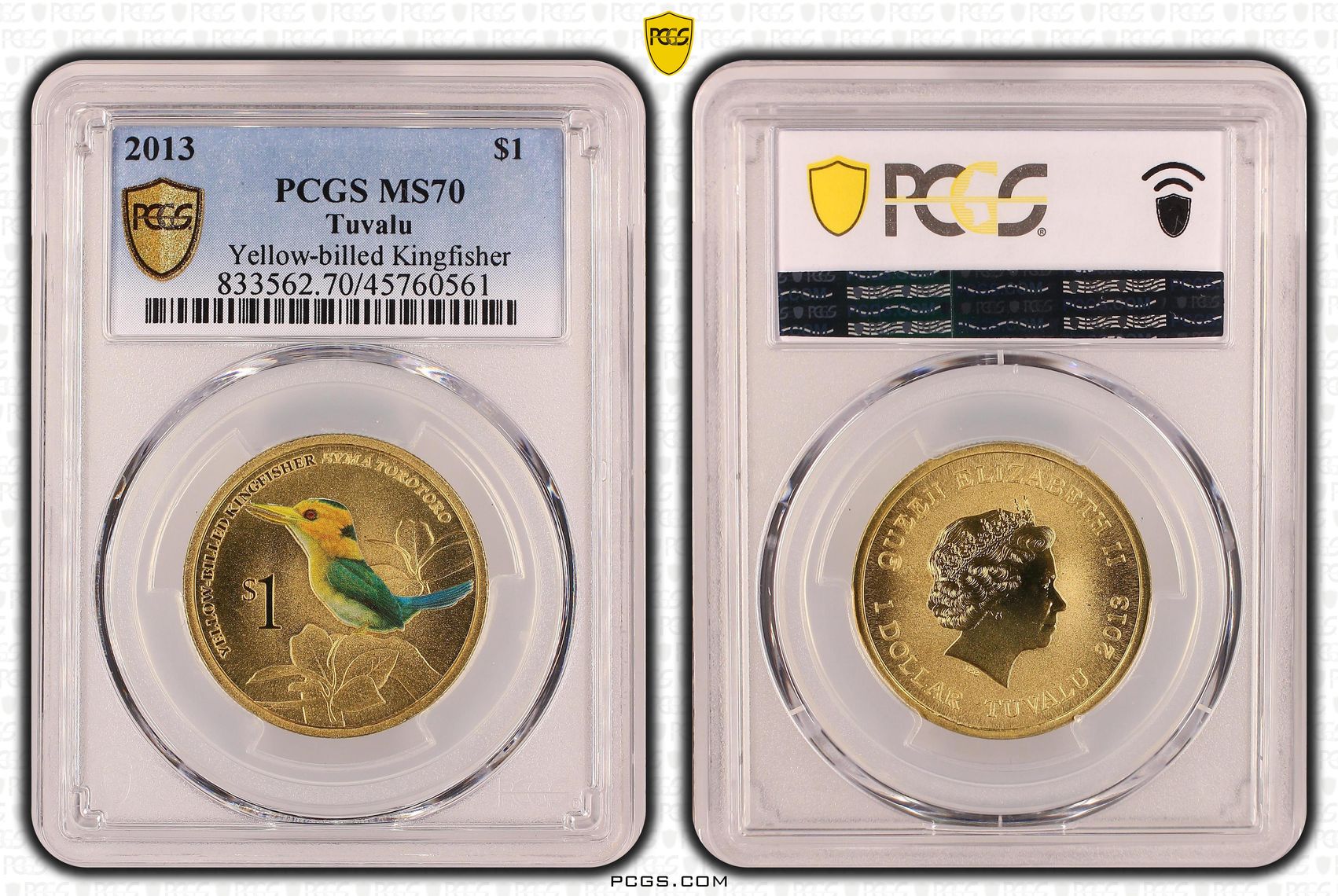 Tuvalu, Yellow-billed Kingfisher POP 1/0, One Dollar, 2013, PCGS MS70