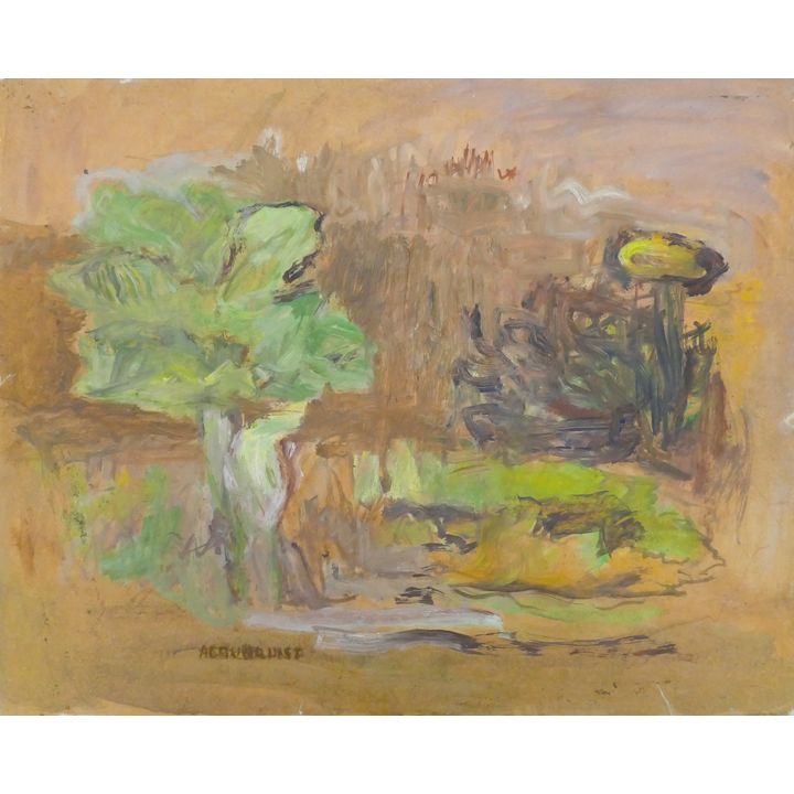Albert Runquist ''Green Tree in Yellow Landscape'' Oil on Masonite