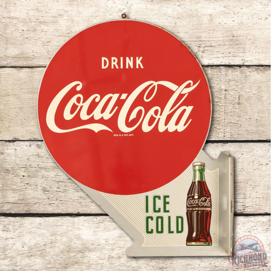 Drink Coca Cola Ice Cold & Bottle Tin Flange Sign