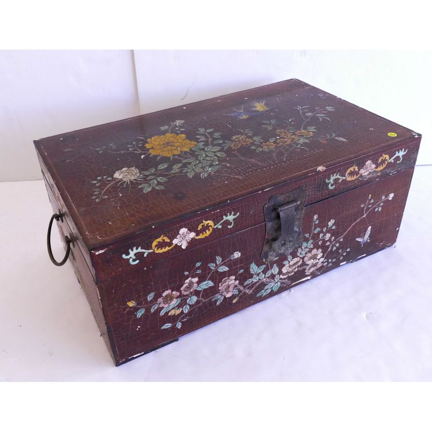 Old Chinese Floral Lacquered Trunk- 24.5x30x18''